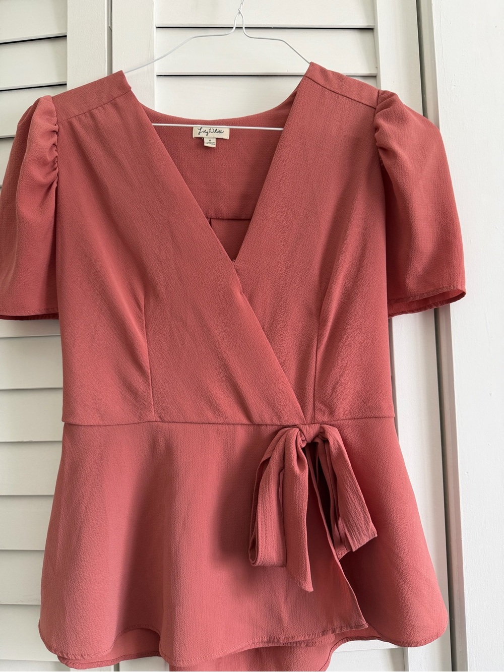 Lily White Dusty Coral Wrap Peplum Blouse